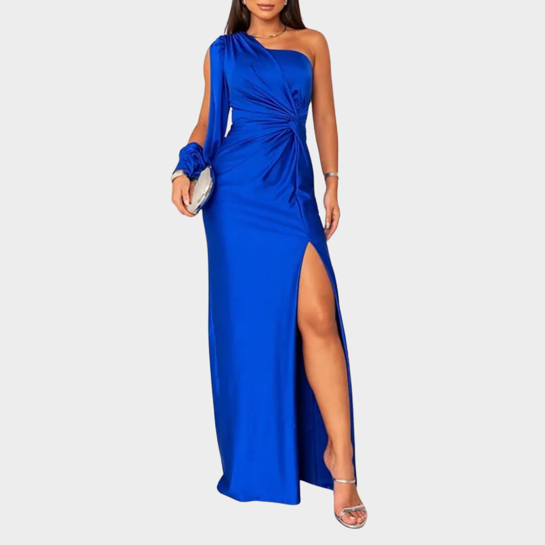 Women Evening Maxi Dress – Elegant Party Long Dress with Backless Split Design and Diagonal Collar Tight Waist Silhouette – Multiple Colours