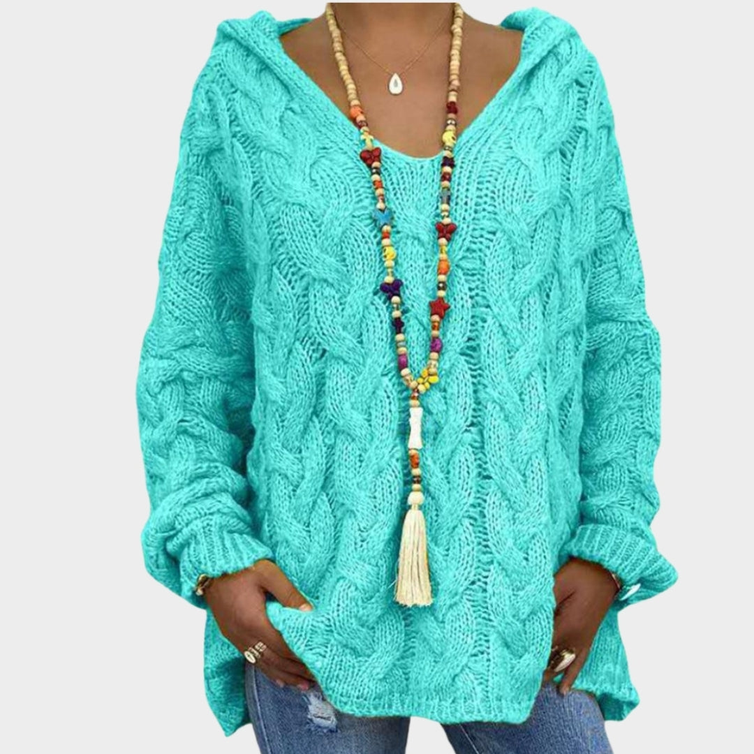 Women’s Hooded V-Neck Knitted Sweater - Long Sleeve, Twist Knit, Solid Color Loose Pullover, Red, Green, and More