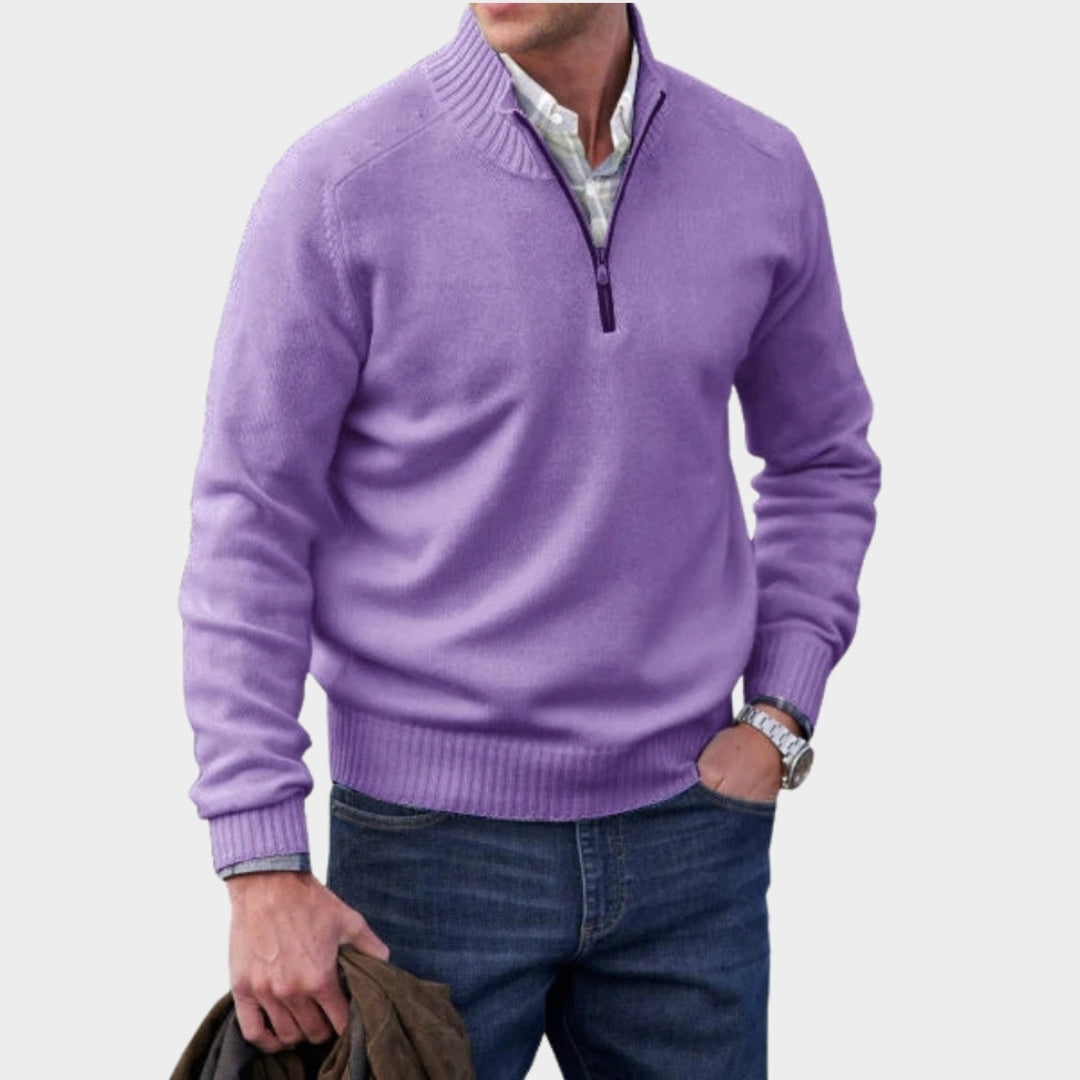 Men's Cashmere Zipper Sweater – Fleece Thick Half-Zip Turtleneck, Purple/White/Blue/and More