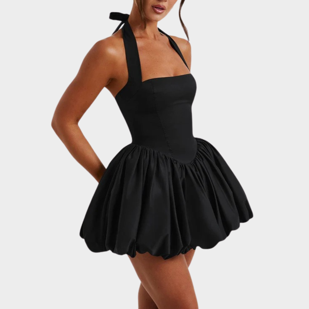Women’s Mini Dress – Square Halter Neckline – Puffball Skirt – Lace Up Back – Princess Seam Detailing – Premium Cotton Blend – Multiple Colours