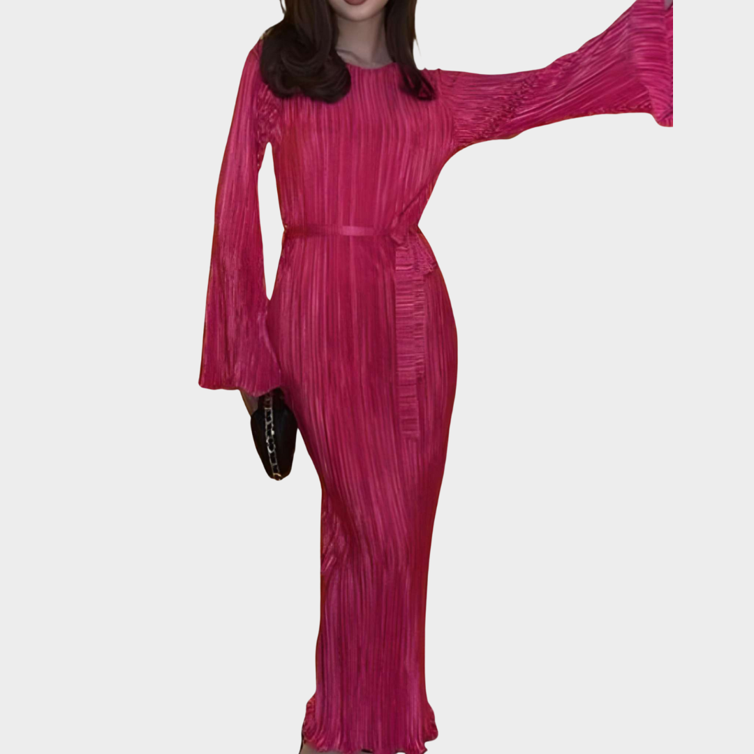Women's Bodycon Pleated Dress – Elegant Long Sleeve Ankle-Length Dress – Slim Fit O-Neck – Lace-Up Waist – Multiple Colours