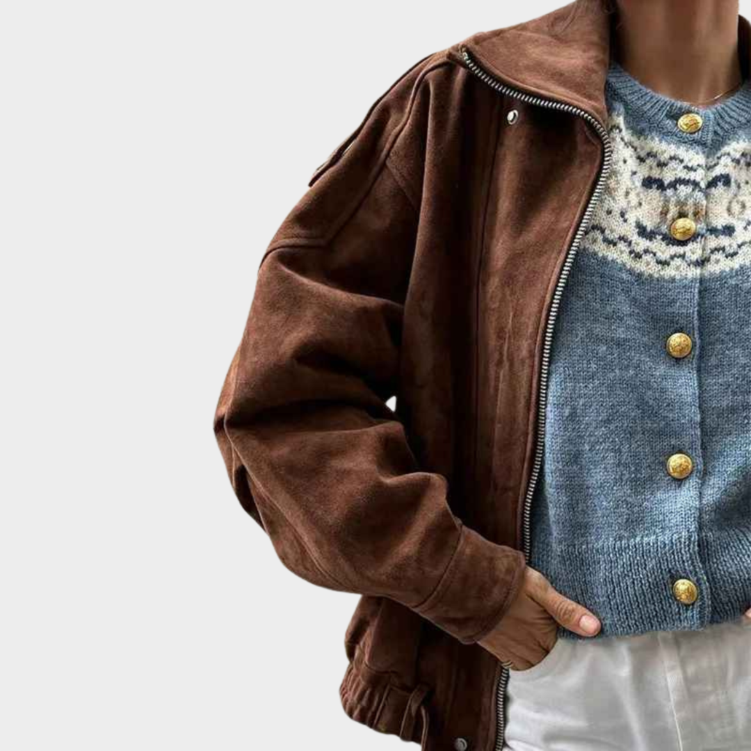 Women's Cropped Jacket - Vintage Lapel Coat - Zipper Front - Padded Shoulders - Dark Brown
