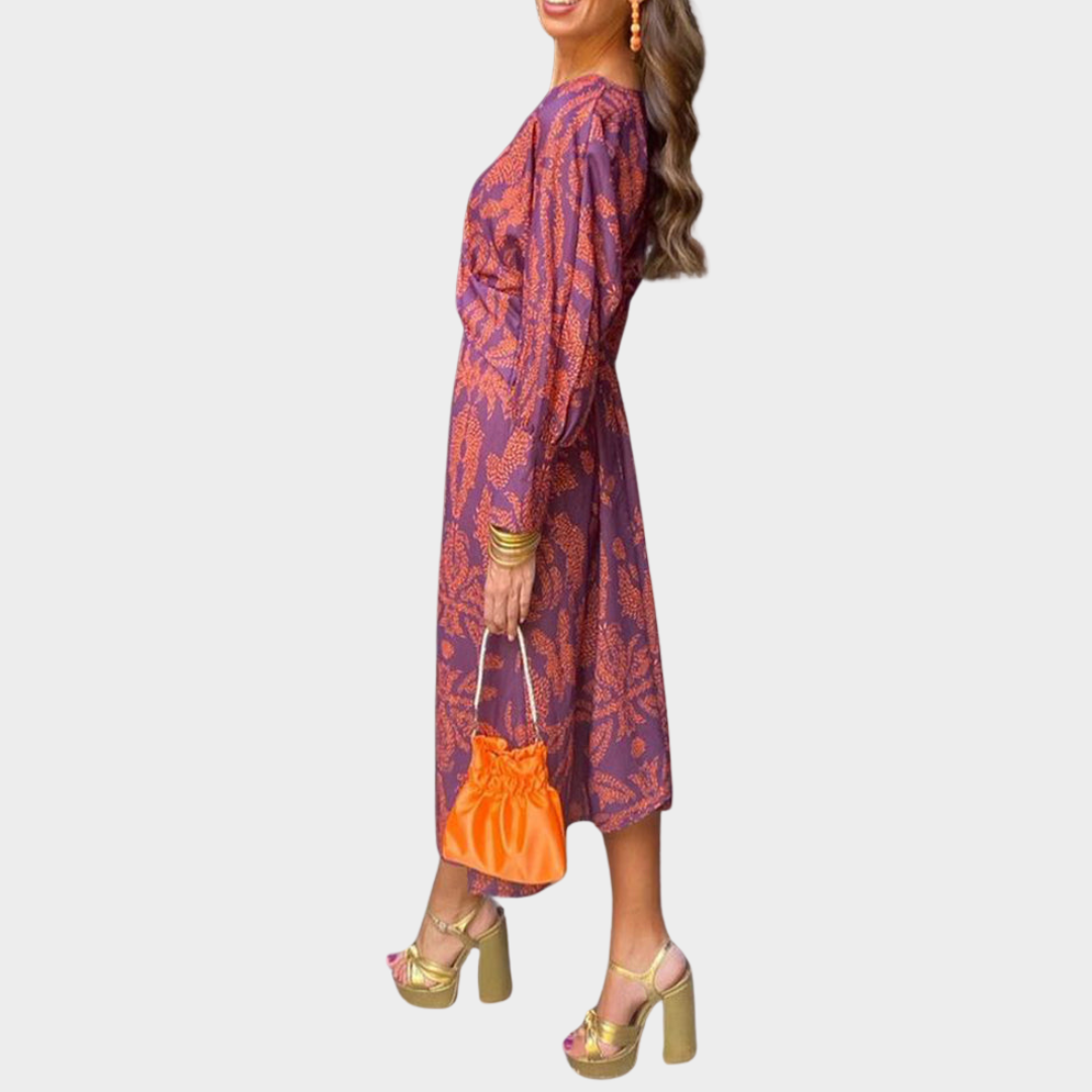 Women's Retro Printed Midi Dress – Elegant Round Neck Long Sleeve Party Dress – Multiple Colours