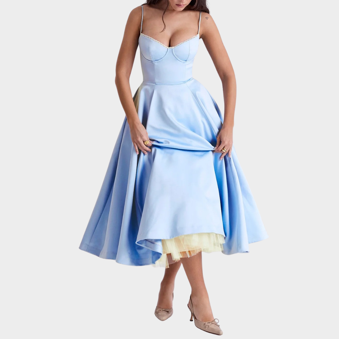 Women’s Puffy Dress – V Neck Sleeveless Design – Suspender Straps – Solid Colour – Elegant Contoured Fit – Multiple Colours