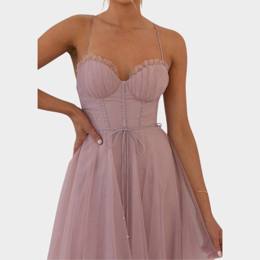 Women’s Long Backless Chiffon Dress – Spaghetti Strap Party Gown with Low Cut Lace-Up Back – Lightweight Mesh Fit – Multiple Colours