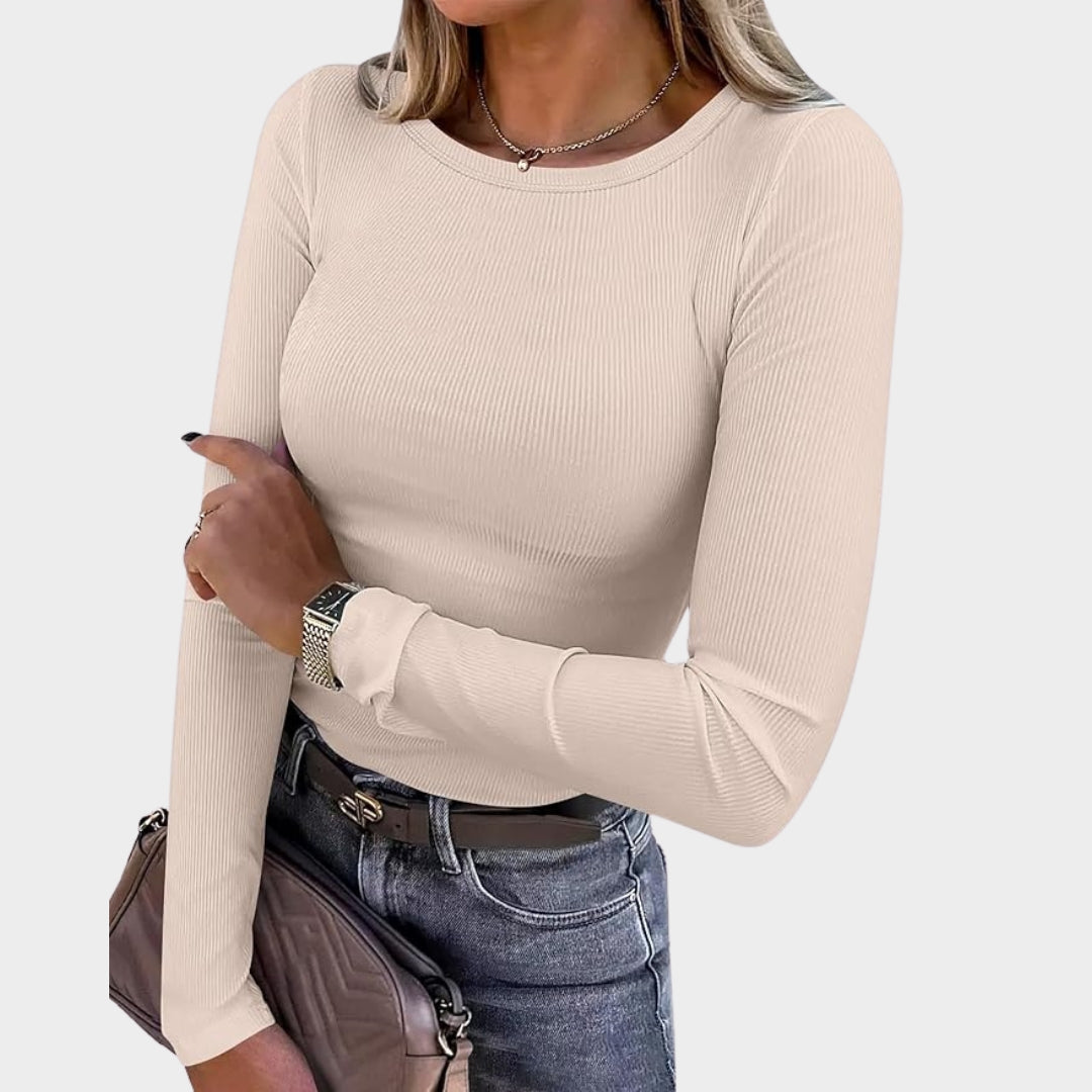 Women's Long-Sleeve Ribbed Knit Top - Crewneck - Slim Fit Basic Tee - Casual & Versatile - Multiple Colours