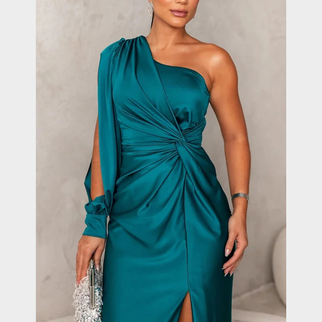 Women Evening Maxi Dress – Elegant Party Long Dress with Backless Split Design and Diagonal Collar Tight Waist Silhouette – Multiple Colours