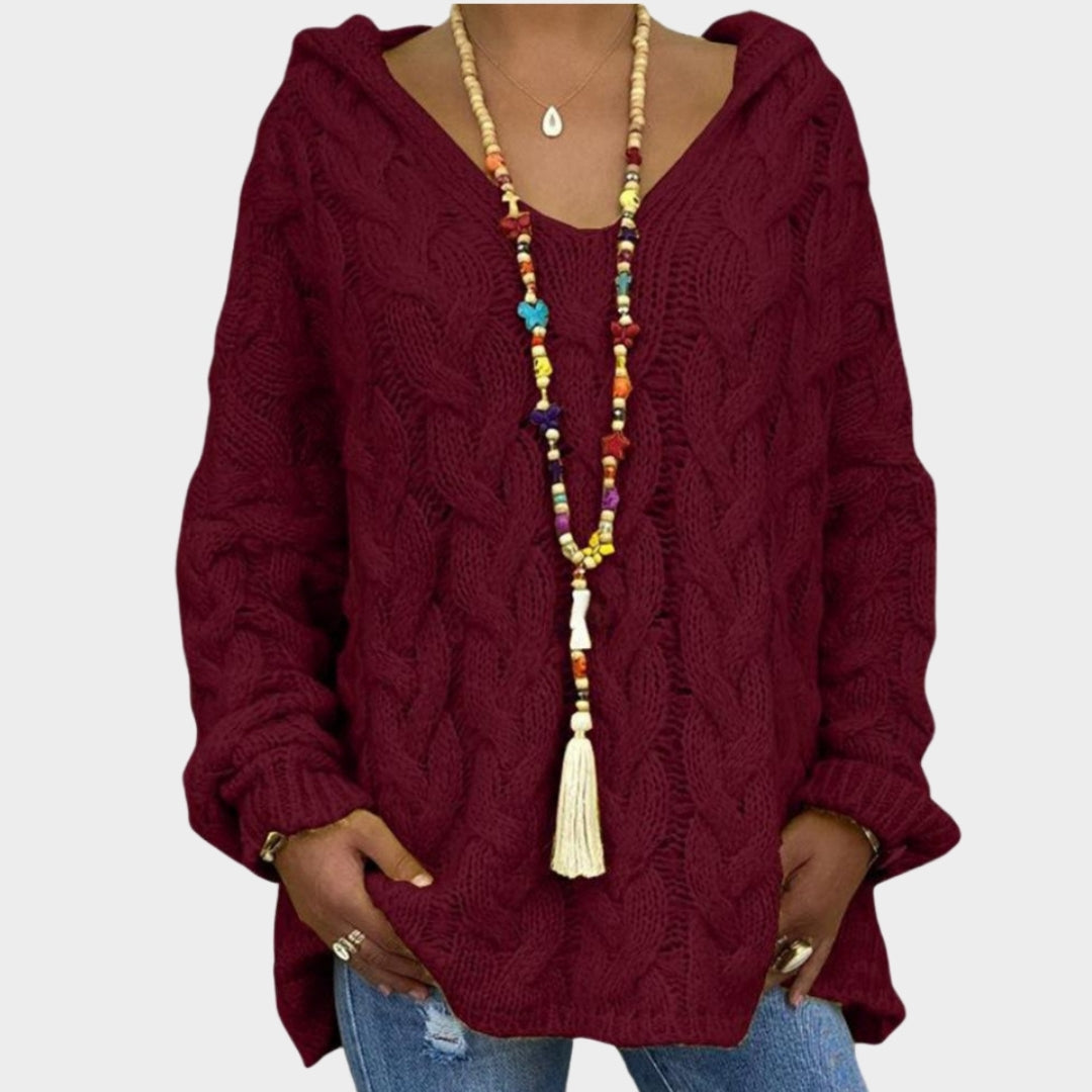 Women’s Hooded V-Neck Knitted Sweater - Long Sleeve, Twist Knit, Solid Color Loose Pullover, Red, Green, and More