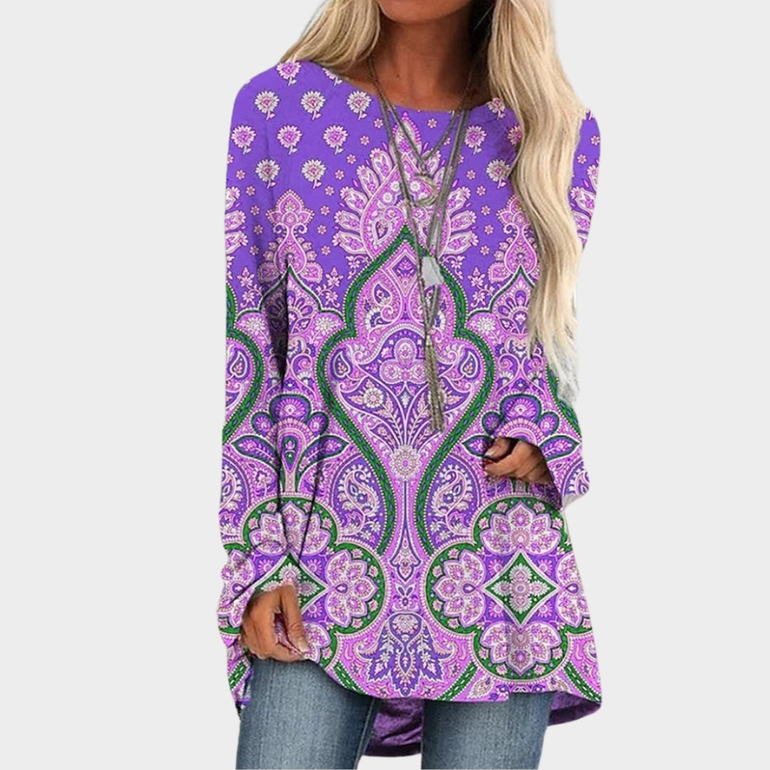 Winter Women’s Long Sleeve T-Shirt - Round Neck, Loose Fit, Printed Top (Green/Red, Brown/Blue, and More)