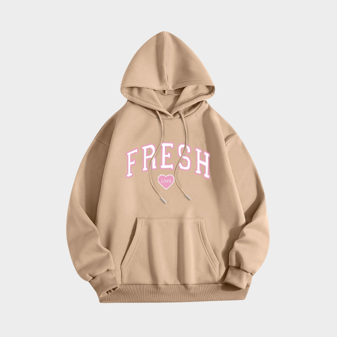 Printed Crew Neck Hoodie - Women’s Long Sleeve Hooded Sweatshirt in Multiple Colors (Black, Beige, Navy, and More)