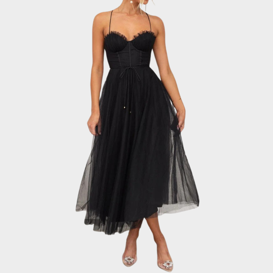 Women’s Long Backless Chiffon Dress – Spaghetti Strap Party Gown with Low Cut Lace-Up Back – Lightweight Mesh Fit – Multiple Colours