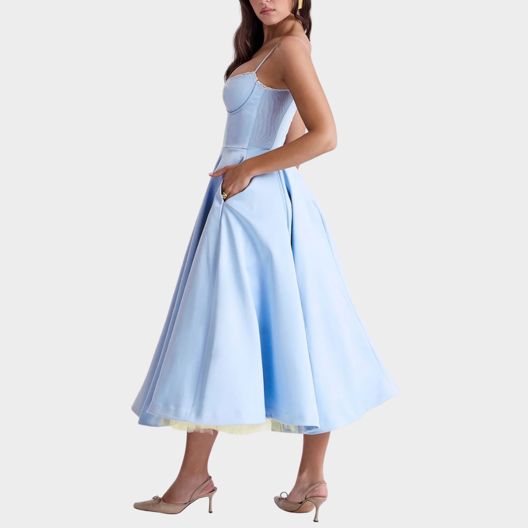 Women’s Puffy Dress – V Neck Sleeveless Design – Suspender Straps – Solid Colour – Elegant Contoured Fit – Multiple Colours