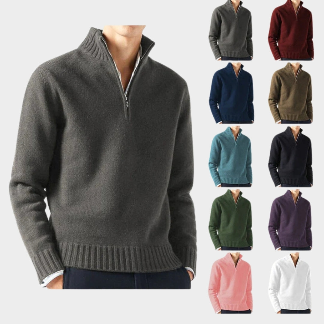 Men's Cashmere Zipper Sweater – Fleece Thick Half-Zip Turtleneck, Purple/White/Blue/and More
