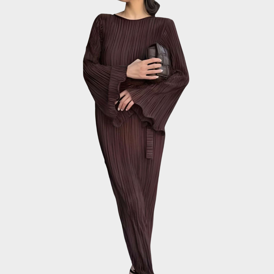 Women's Bodycon Pleated Dress – Elegant Long Sleeve Ankle-Length Dress – Slim Fit O-Neck – Lace-Up Waist – Multiple Colours