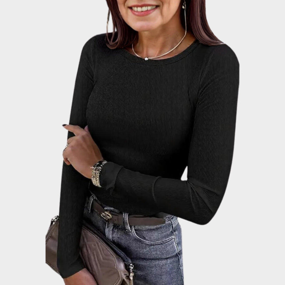 Women's Long-Sleeve Ribbed Knit Top - Crewneck - Slim Fit Basic Tee - Casual & Versatile - Multiple Colours