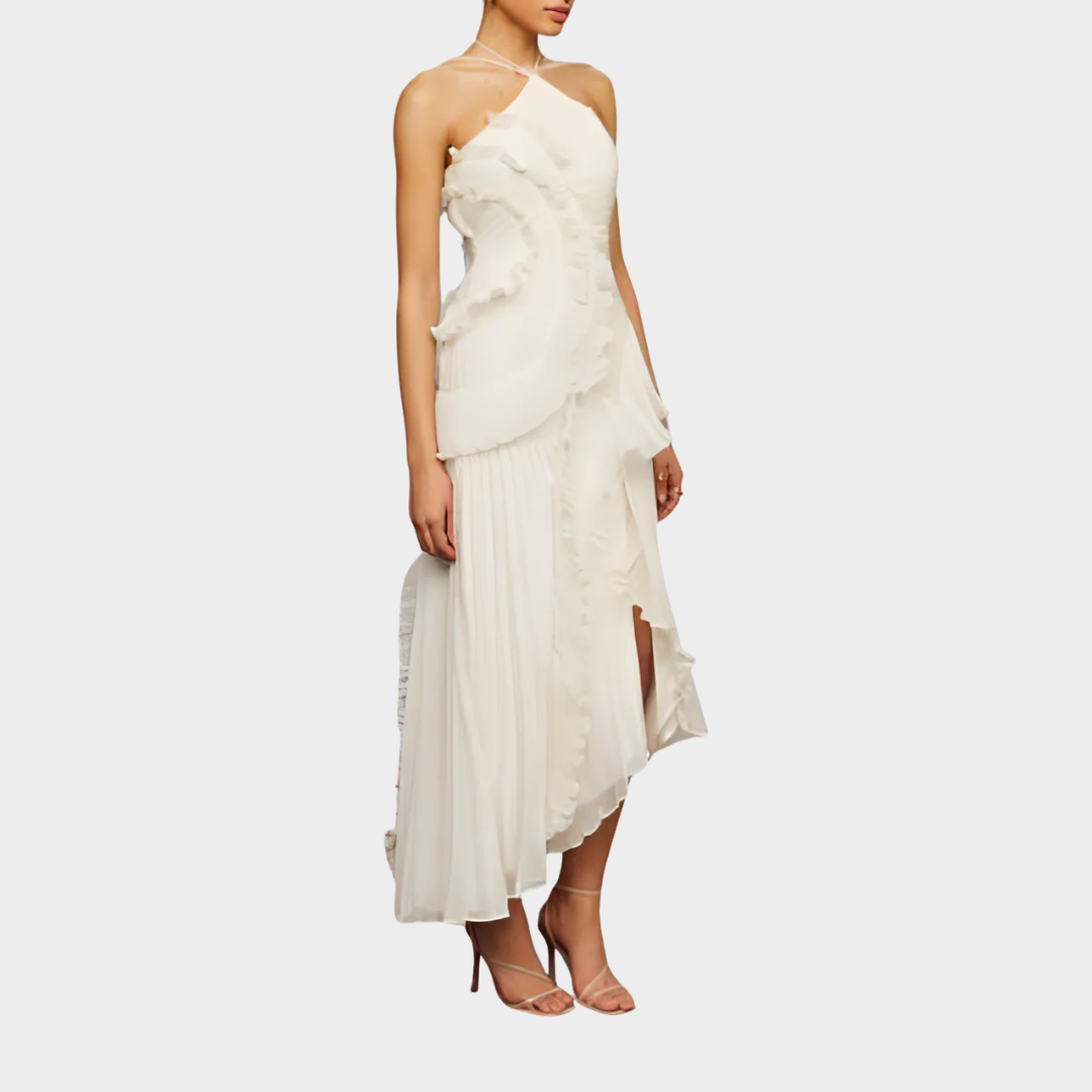 Women Pleated Frill Halter Neck Maxi Dress – Elegant Sleeveless High Stretch Dress with Asymmetrical Hem and Flowing Pleated Texture – Multiple Colours
