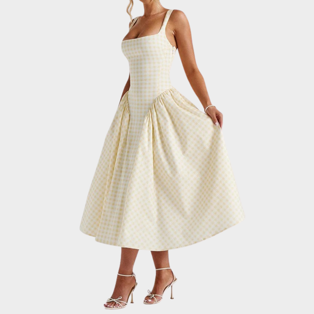 Women’s Midi Dress – Gingham Print with Fitted Bodice – Lace Up Back – Square Neckline – Flowing Skirt – Multiple Colours