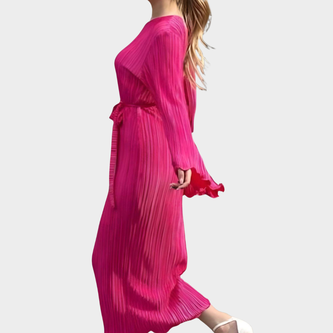 Women's Bodycon Pleated Dress – Elegant Long Sleeve Ankle-Length Dress – Slim Fit O-Neck – Lace-Up Waist – Multiple Colours