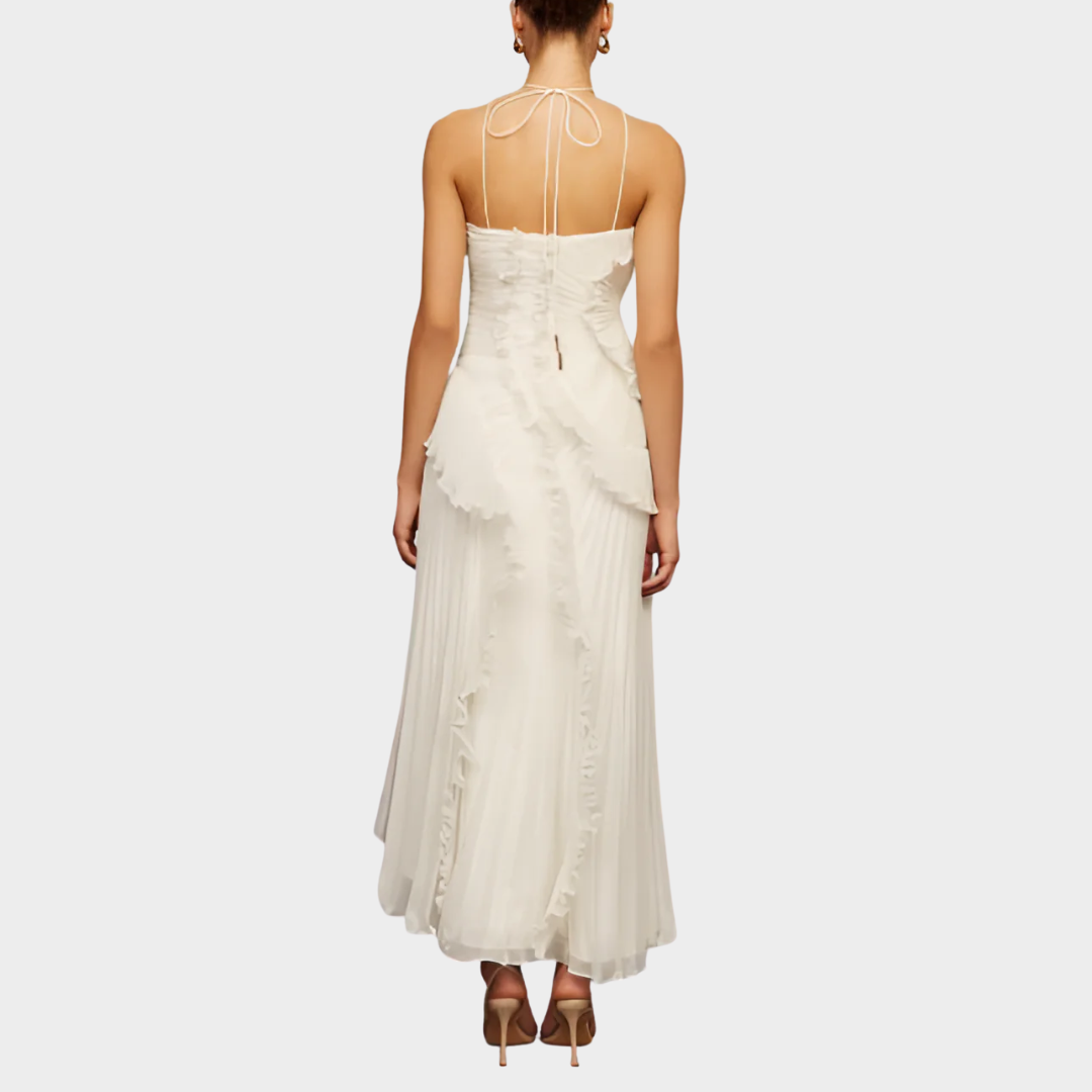 Women Pleated Frill Halter Neck Maxi Dress – Elegant Sleeveless High Stretch Dress with Asymmetrical Hem and Flowing Pleated Texture – Multiple Colours