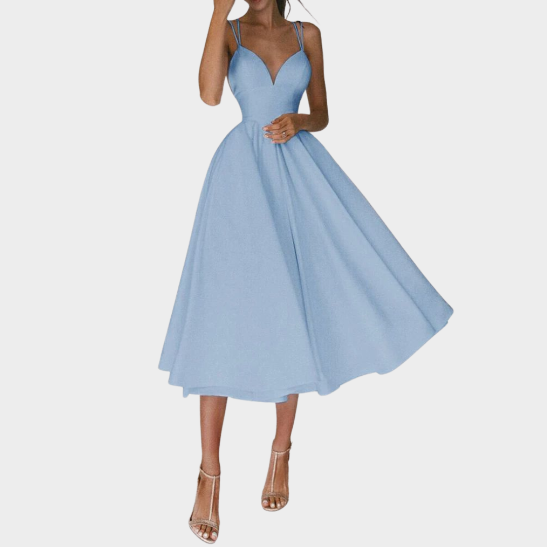 Women's Spaghetti Strap Midi Dress – V-Neck Backless – Elegant Party Dress – Multiple Colours
