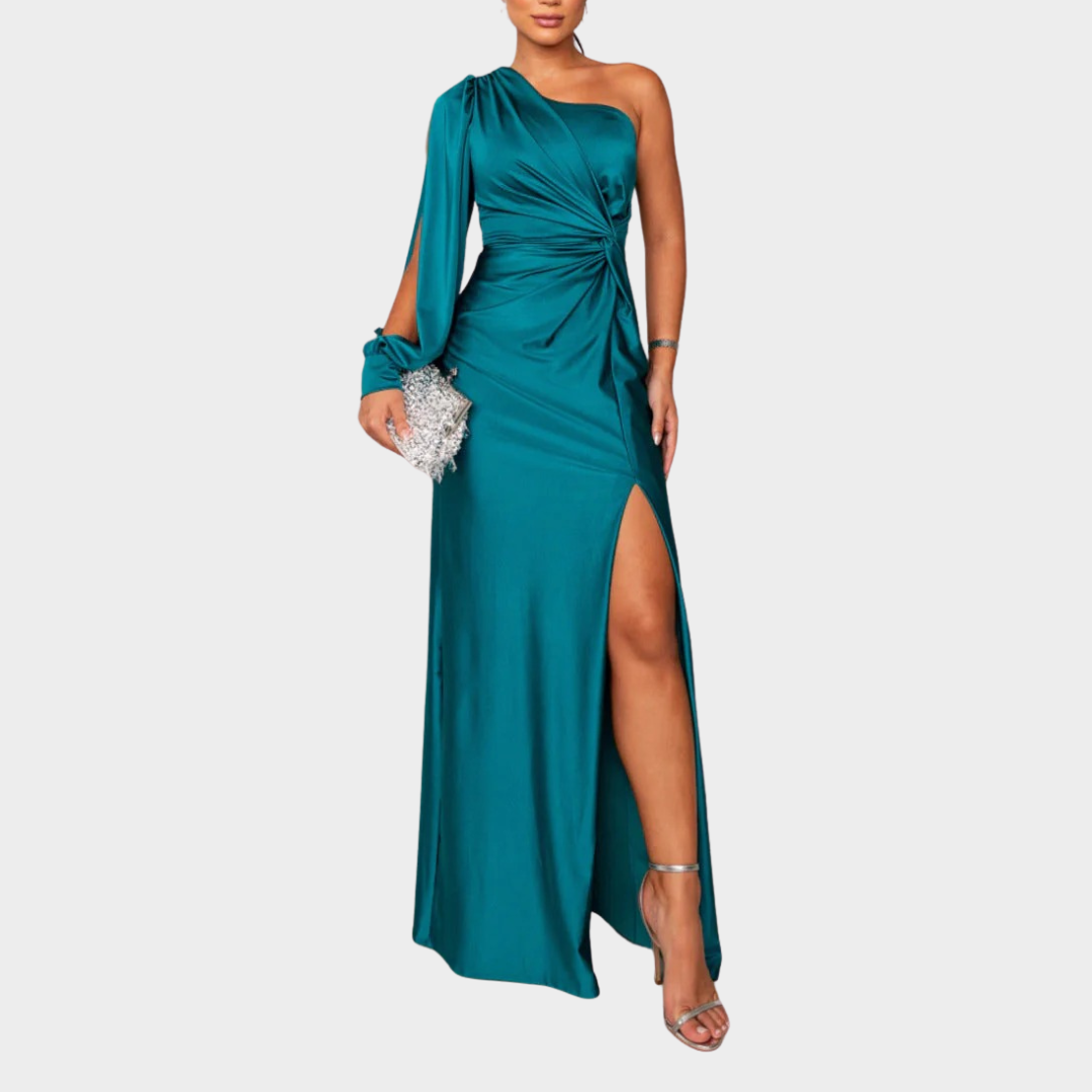 Women Evening Maxi Dress – Elegant Party Long Dress with Backless Split Design and Diagonal Collar Tight Waist Silhouette – Multiple Colours