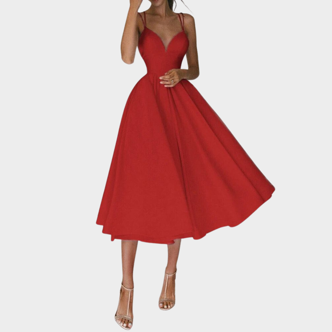 Women's Spaghetti Strap Midi Dress – V-Neck Backless – Elegant Party Dress – Multiple Colours