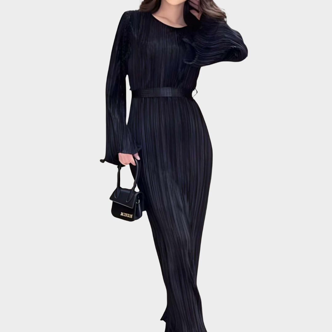 Women's Bodycon Pleated Dress – Elegant Long Sleeve Ankle-Length Dress – Slim Fit O-Neck – Lace-Up Waist – Multiple Colours