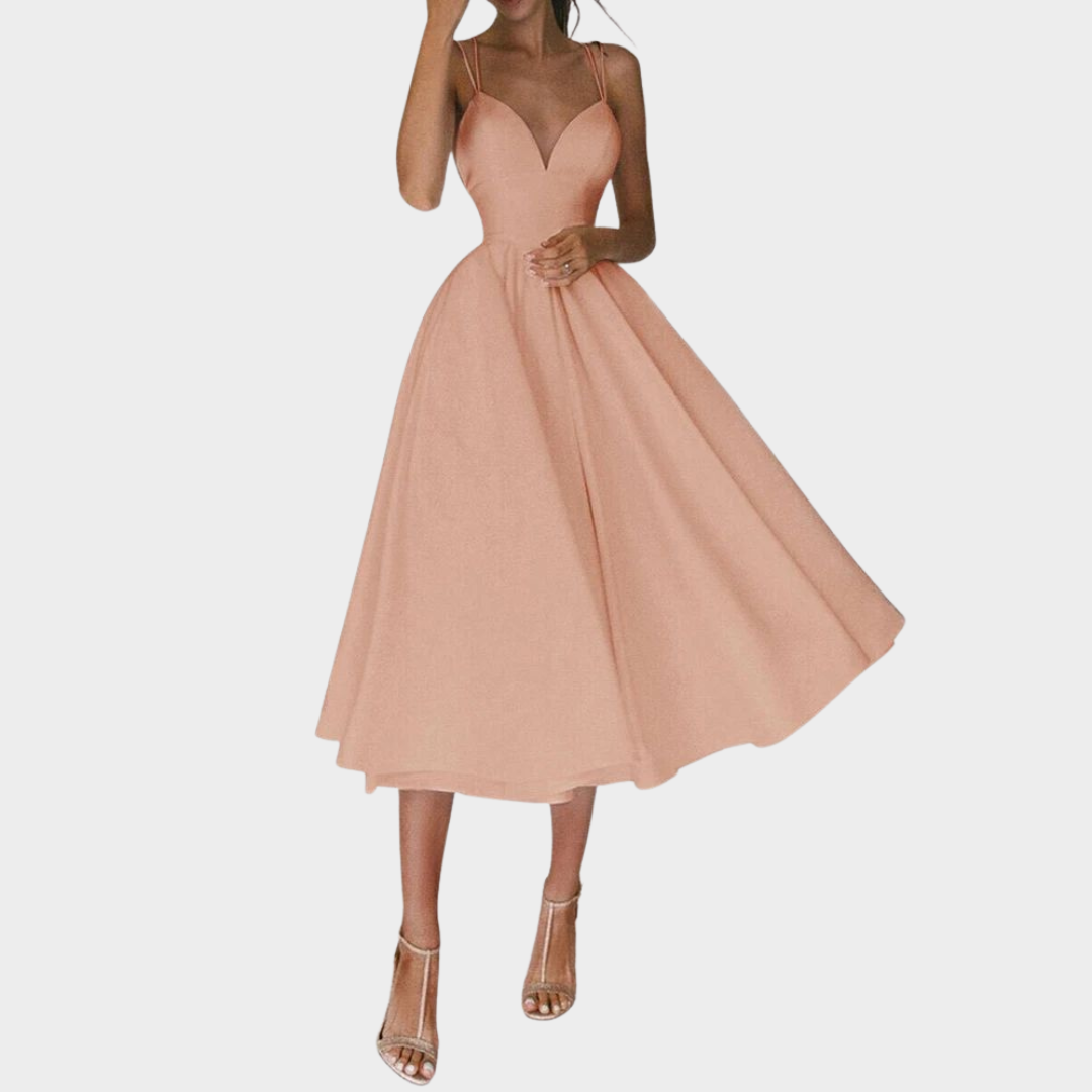 Women's Spaghetti Strap Midi Dress – V-Neck Backless – Elegant Party Dress – Multiple Colours