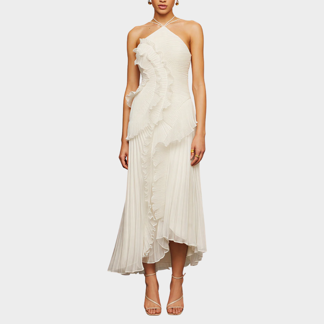 Women Pleated Frill Halter Neck Maxi Dress – Elegant Sleeveless High Stretch Dress with Asymmetrical Hem and Flowing Pleated Texture – Multiple Colours