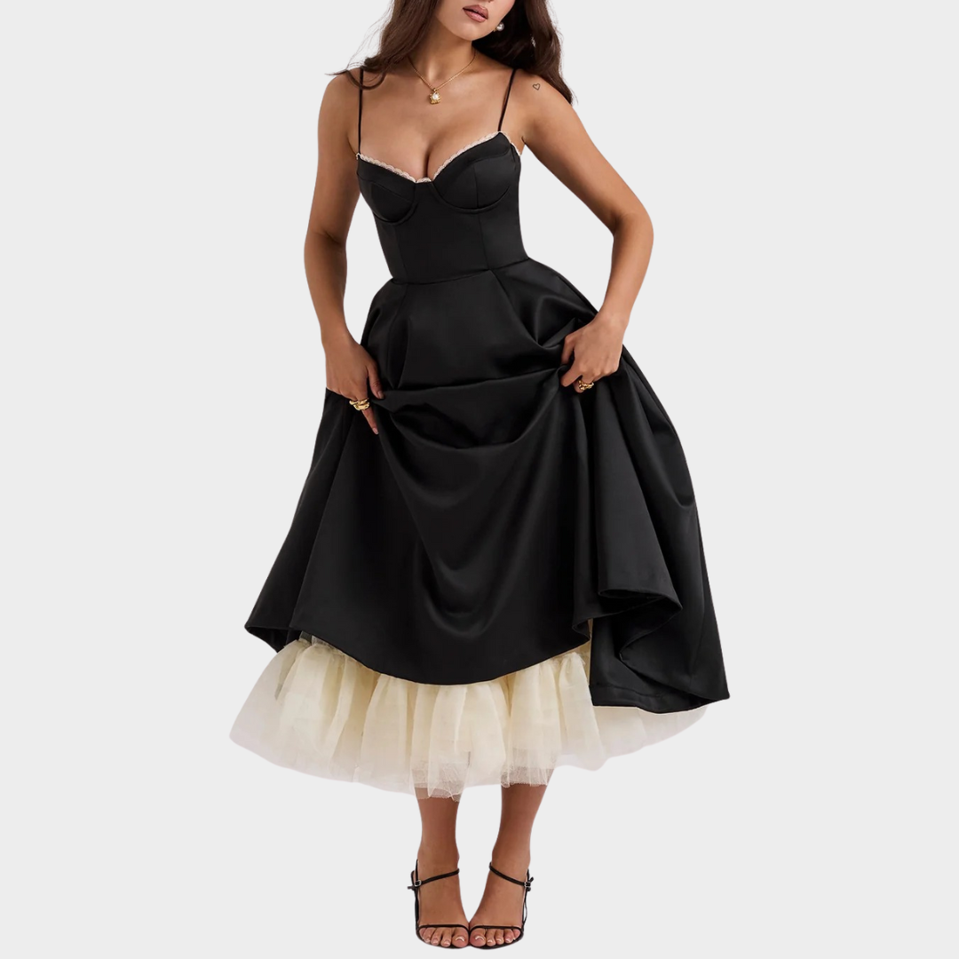 Women’s Puffy Dress – V Neck Sleeveless Design – Suspender Straps – Solid Colour – Elegant Contoured Fit – Multiple Colours