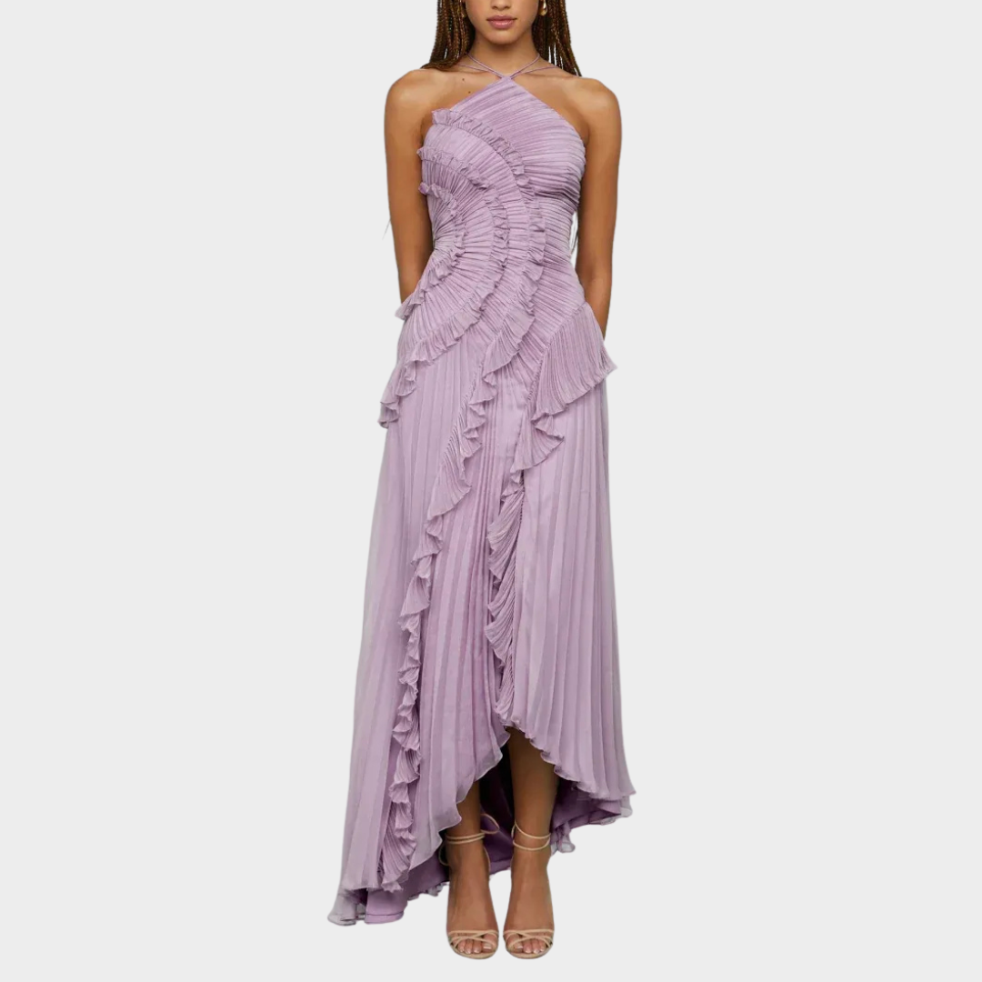 Women Pleated Frill Halter Neck Maxi Dress – Elegant Sleeveless High Stretch Dress with Asymmetrical Hem and Flowing Pleated Texture – Multiple Colours
