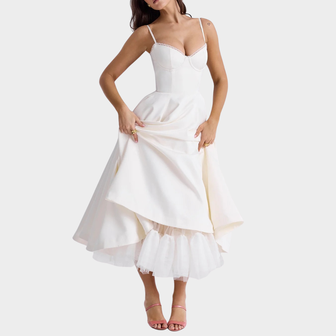 Women’s Puffy Dress – V Neck Sleeveless Design – Suspender Straps – Solid Colour – Elegant Contoured Fit – Multiple Colours
