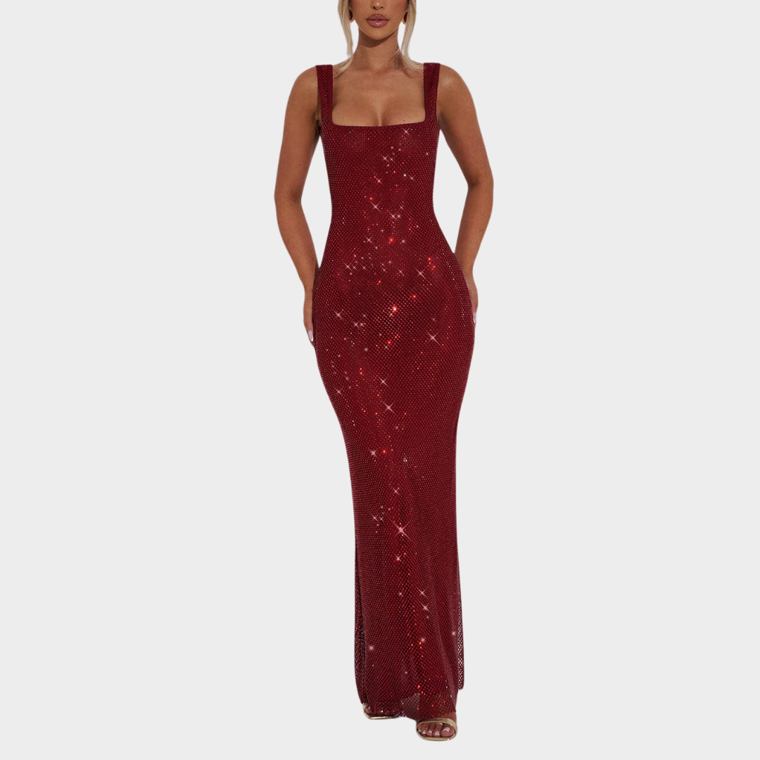 Women Petra Maxi Dress – Elegant Evening Long Dress with Rhinestone Embellished Stretch Net and Square Neckline – Multiple Colours