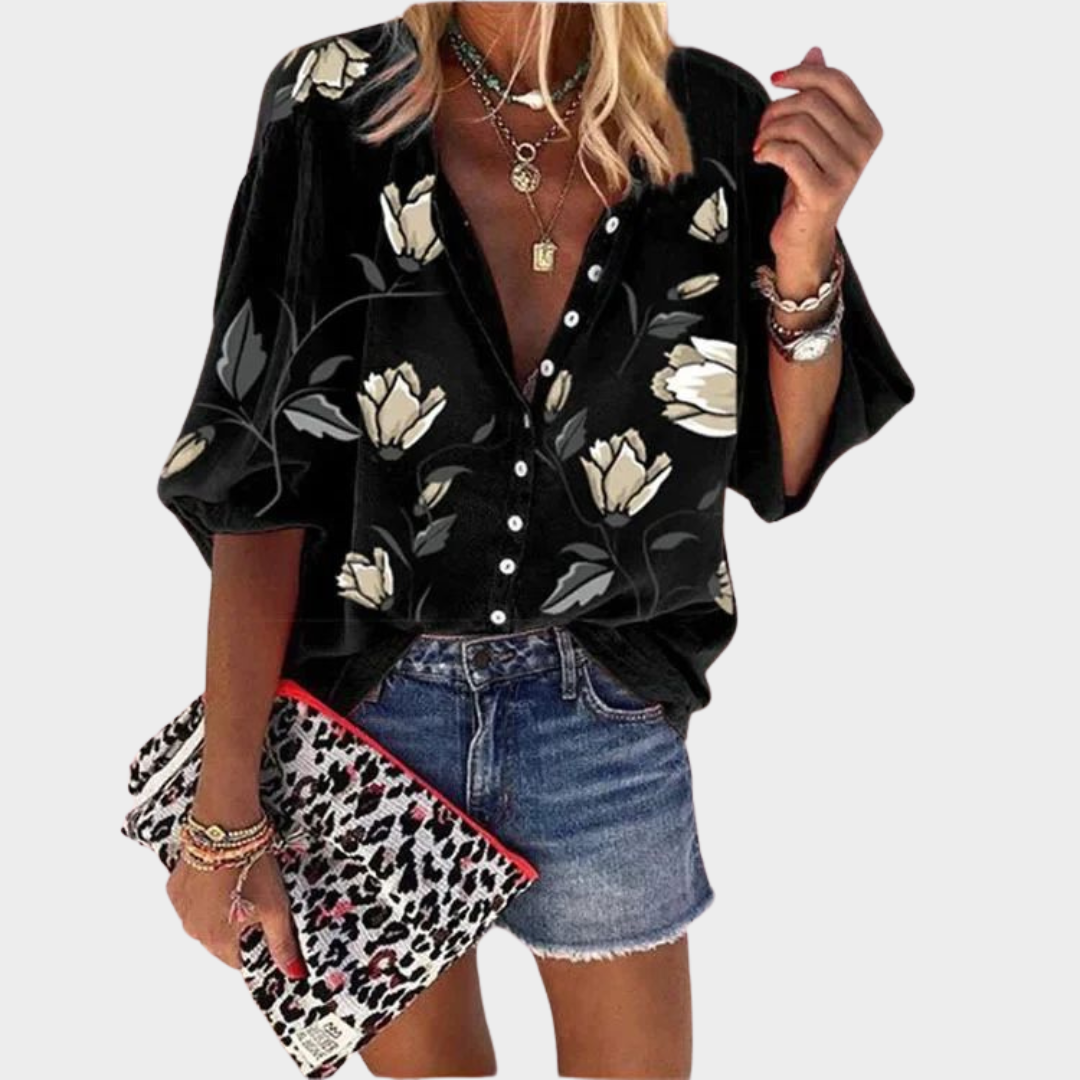 Women's Printed Button-Up Shirt – Stand-Up Collar – Long Sleeve – Loose Casual Fit – Multiple Colours