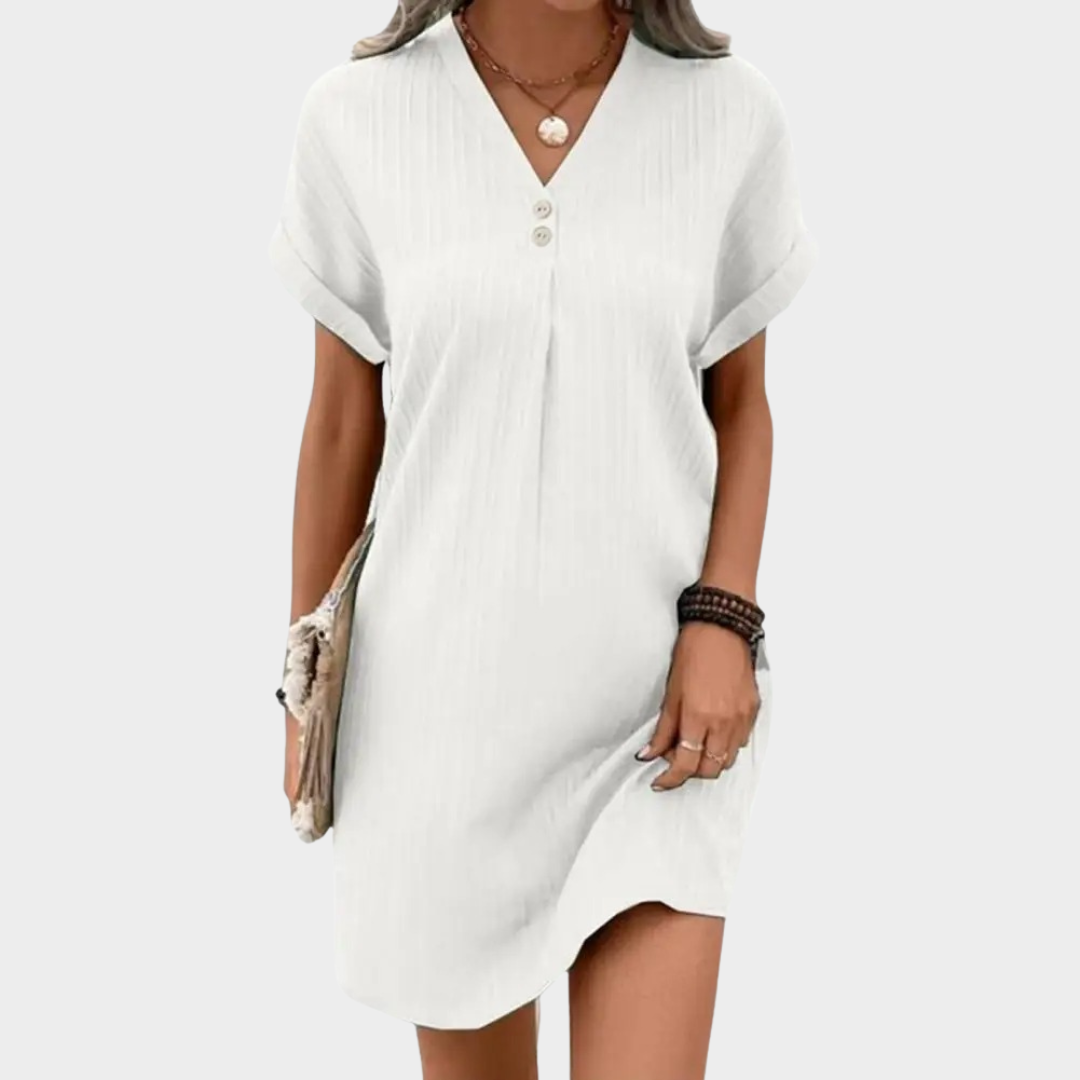 Women’s Dress – Loose Fit – V-Neck – Button Front – Short Sleeve – Multiple Colours