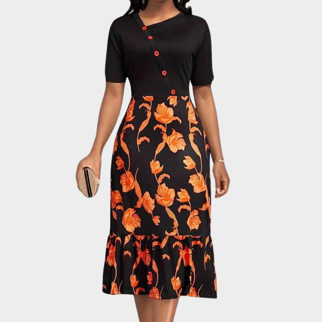 Women's Long Dress – High Waist Printed Long Sleeve Style with Elegant Fit – Orange