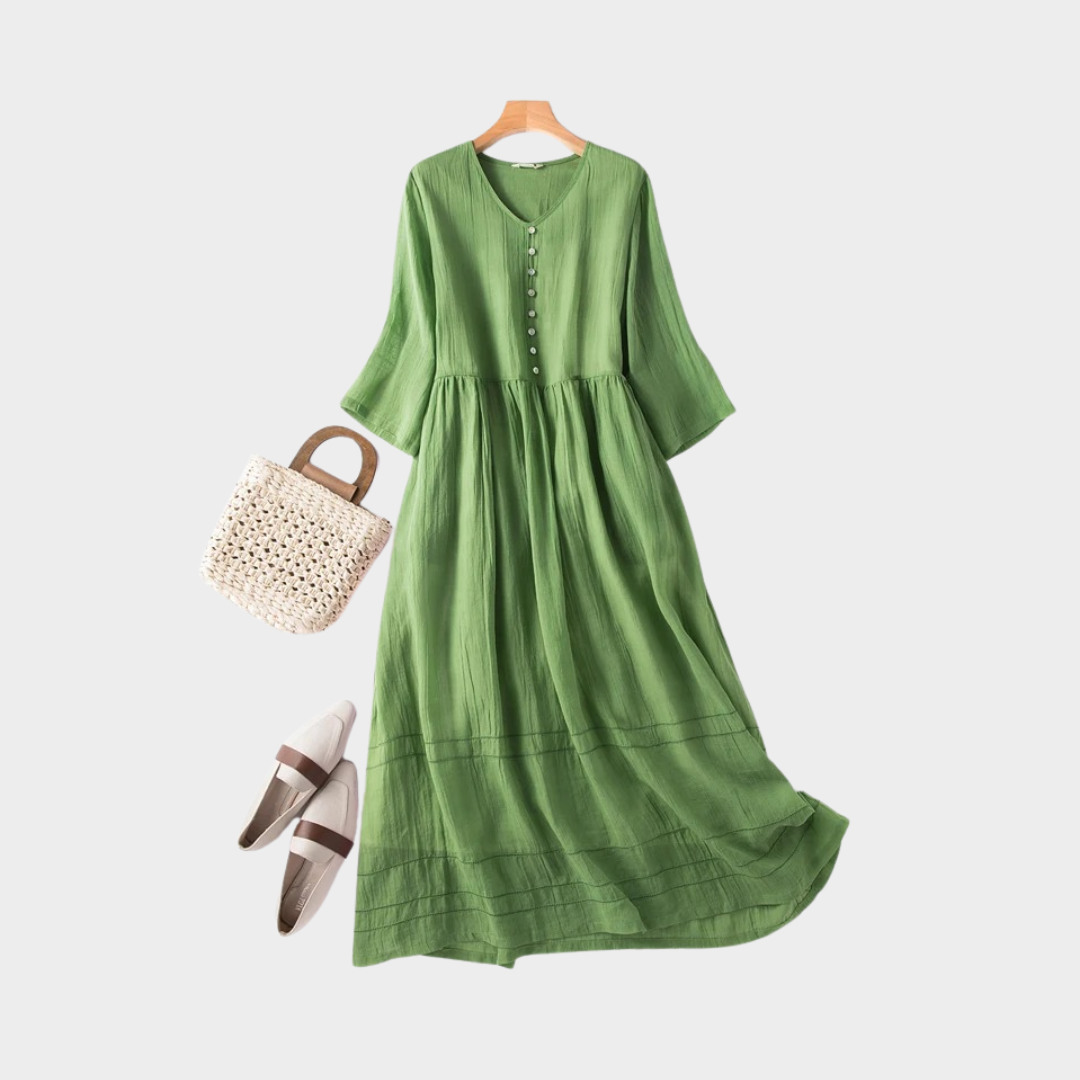 Women's Vintage Midi Dress - V-Neck - Short Sleeve - Loose Fit & Elegant - Multiple Colours