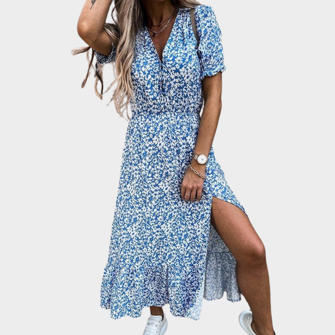 Women’s V-Neck Slit Maxi Dress – Floral Print with Button Detail – Short Sleeve Elegant Fit – Lightweight Fabric – Multiple Colours