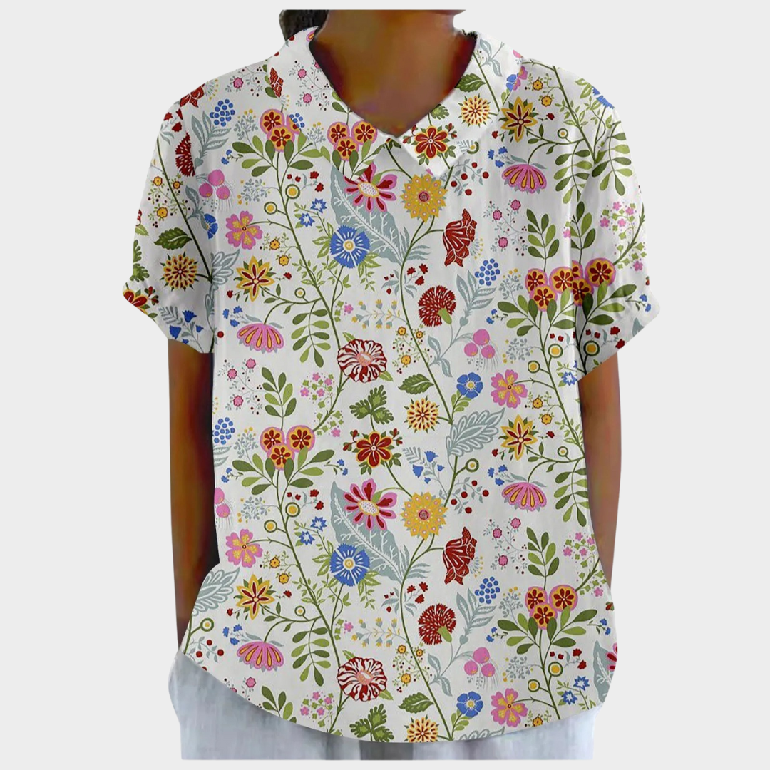 Women’s Floral Doll Collar Blouse – Loose Fit Short Sleeve Cotton-Linen Top – Vintage Style – Multiple Colours