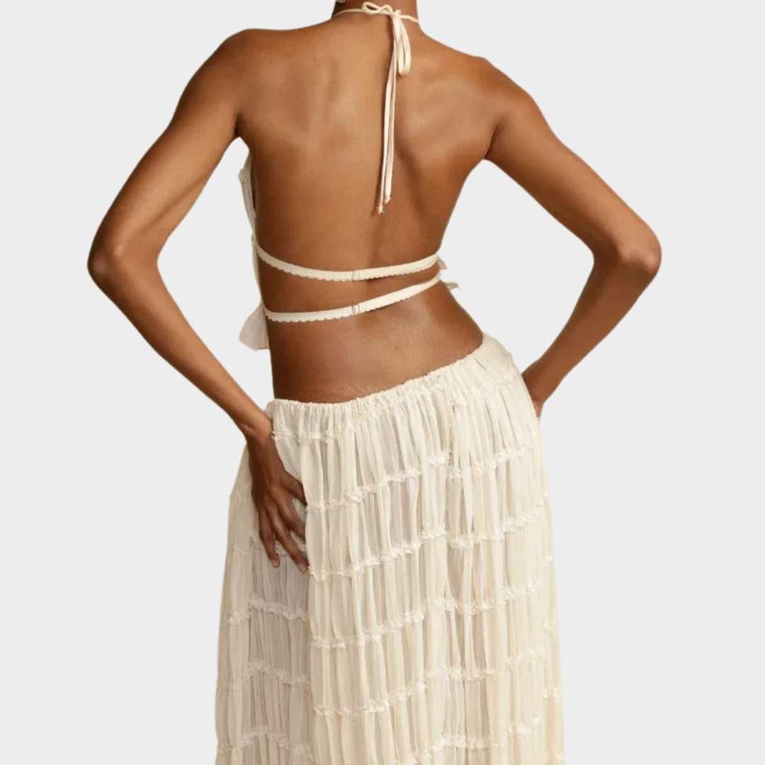 Women’s 2-Piece Halter Neck Skirt Set – Elegant Long Dress Style with Open-Back Top – Lightweight Fit – White