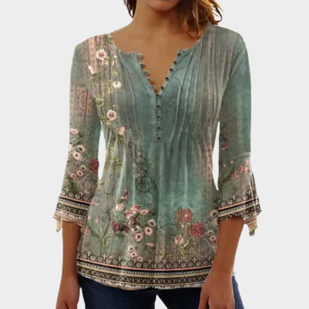 Women’s V-Neck Printed Blouse – Loose Fit Seven-Point Sleeve Casual Top – Lightweight Comfortable Fabric – Multiple Colours