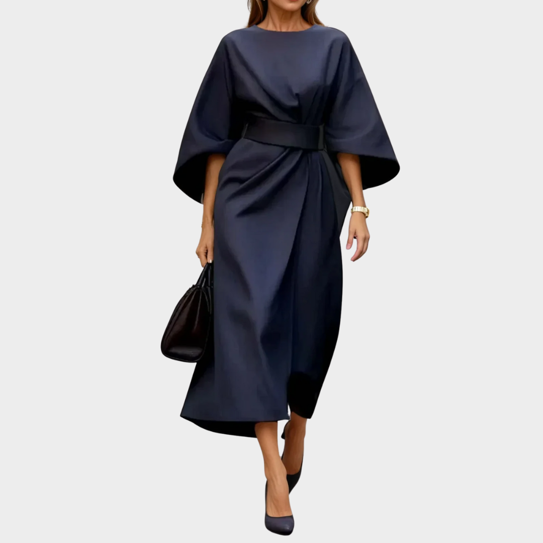 Women’s Mid-Calf Dress – Slim Fit with Ruffled Hem – Elegant Batwing Sleeves – Lightweight O-Neck Design – Multiple Colours