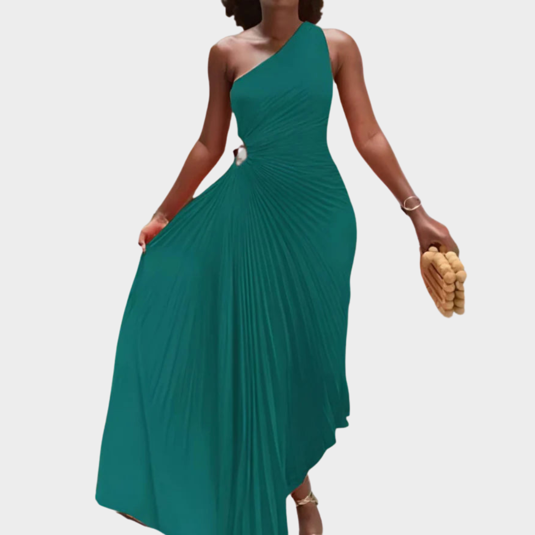 Women's A-Line Maxi Dress – One Shoulder – Sleeveless – Pleated Ruched Waist – Soft Draped Fit – Multiple Colours