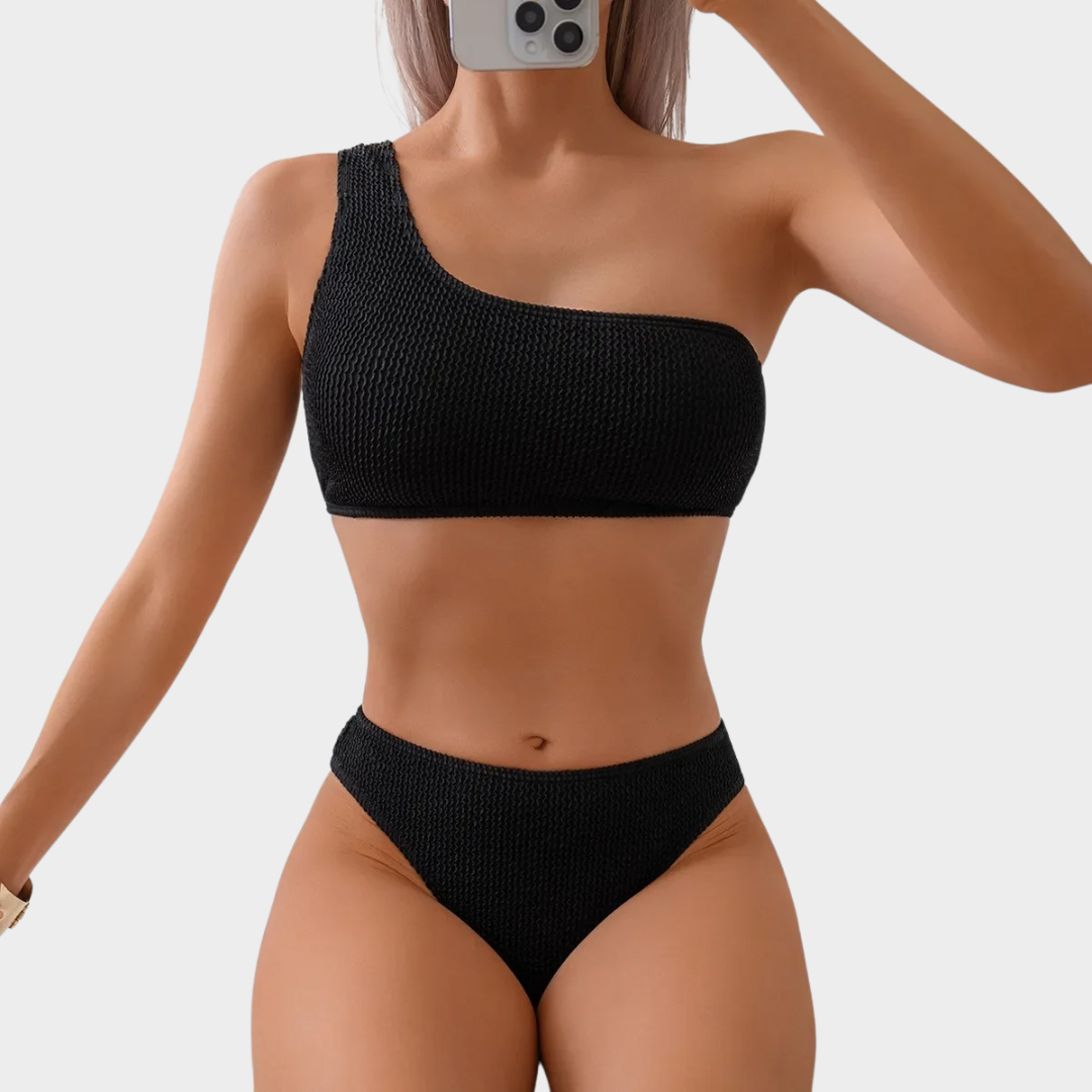 Women Two Piece Swimsuit – Single Strap Tube Top Bikini with High Waist Fit in Stretch Fabric – Black