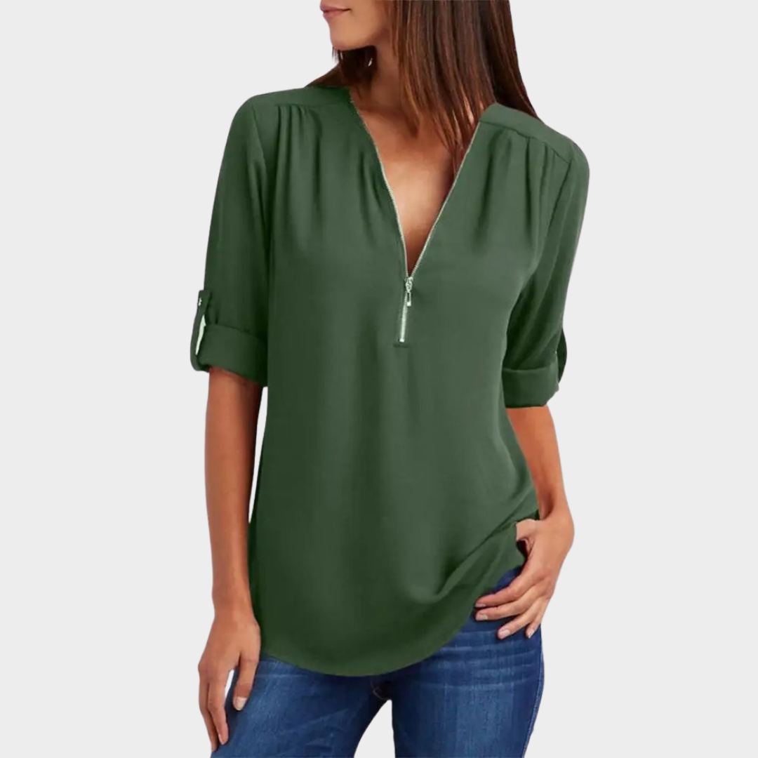 Women’s Loose Fit Chiffon Blouse – Zipper V-Neck – Half Sleeve Lightweight Shirt – Multiple Colours