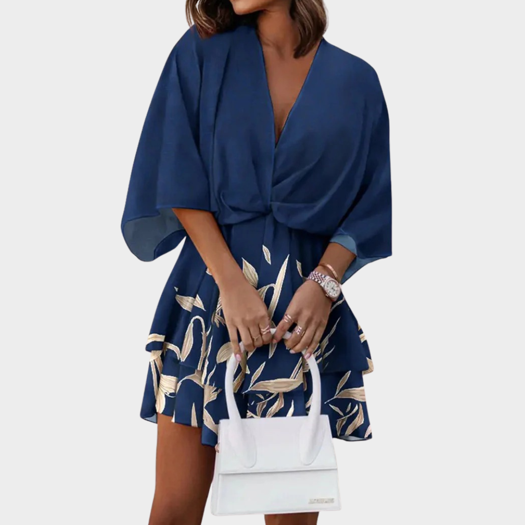 Women’s A-Line Mini Dress – Relaxed Fit – V-Neck – Bat Sleeve – Printed – Ruffle Hem – Multiple Colours