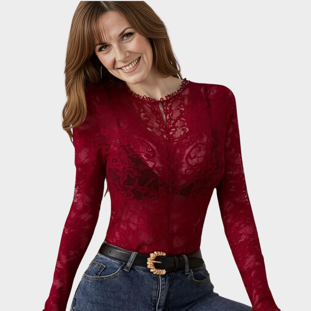Women's Lace Bodysuit - Long Sleeve Corset Top - Hollow Out Design - Elegant & Chic - Multiple Colours