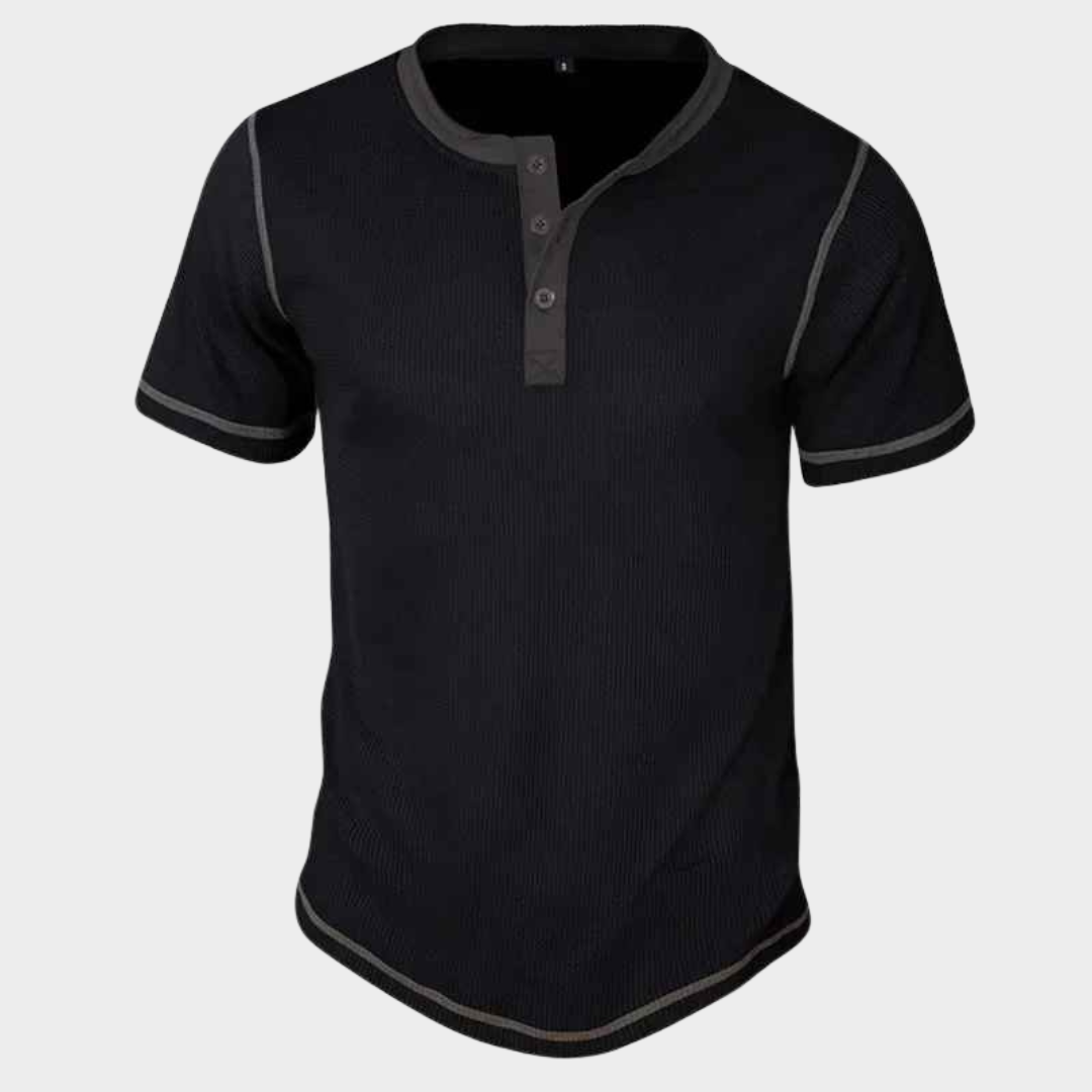 Men's T-Shirt – Short Sleeve Vintage Fit Waffle Texture Crew Neck Henley Top – Multiple Colours