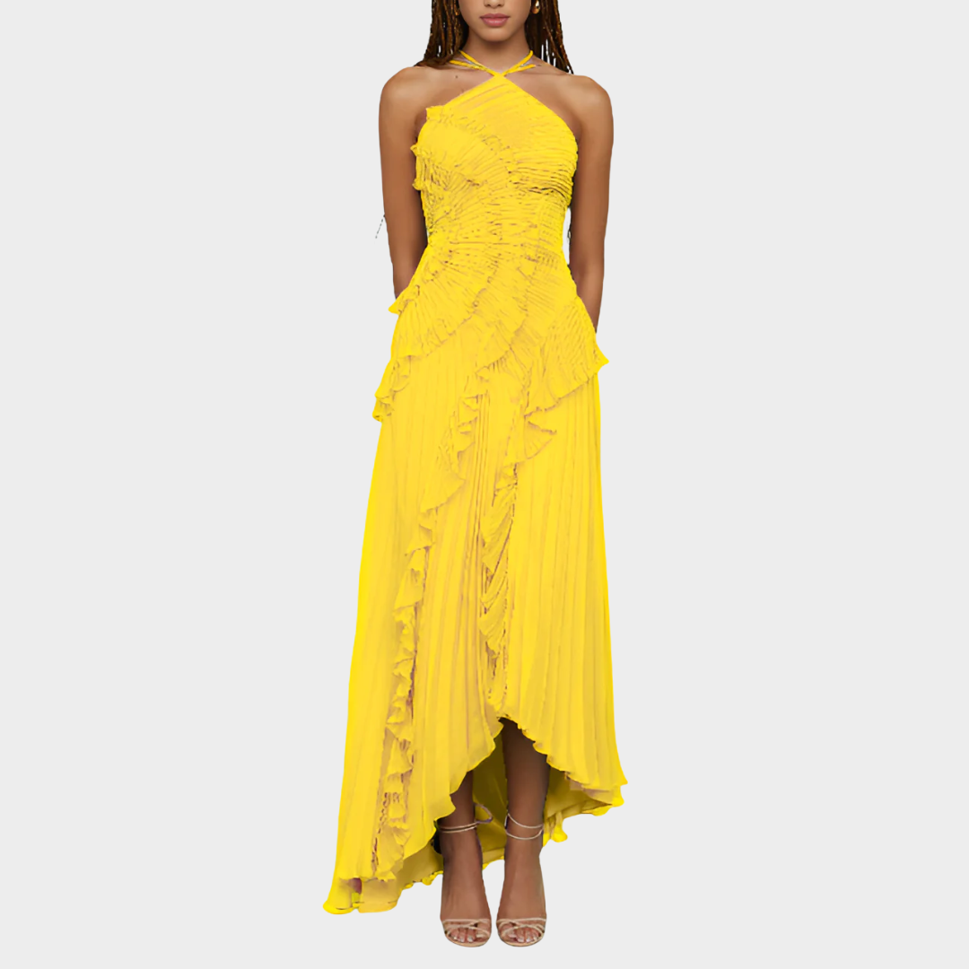 Women Pleated Frill Halter Neck Maxi Dress – Elegant Sleeveless High Stretch Dress with Asymmetrical Hem and Flowing Pleated Texture – Multiple Colours