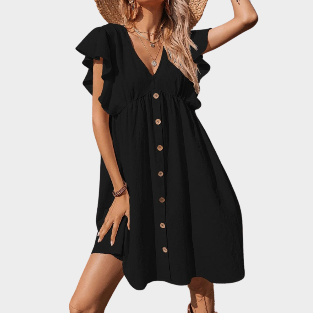 Women's V-Neck Ruffle Dress – Short Sleeve – High Waist – Loose Fit – Multiple Colours